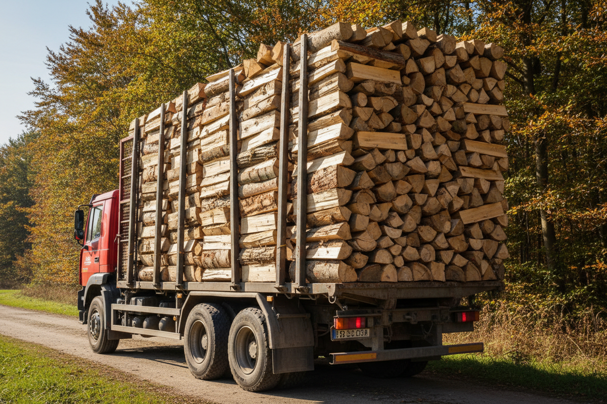 Bûches de bois mélangé de hêtre, chêne, frêne et charme sec, livrées en camion – 60 m³